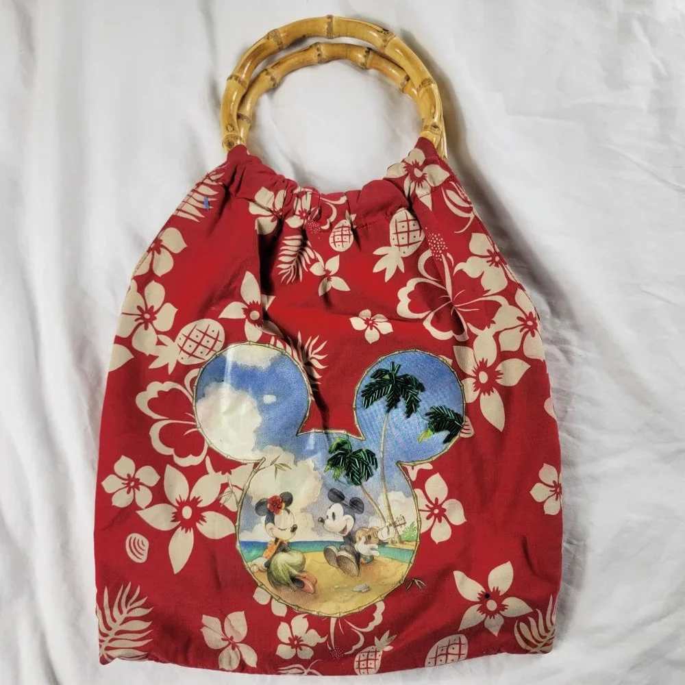 Disney Store Red Floral Mickey And Minnie Tote Bag Island Getaway Lightweight - Picture 1 of 7